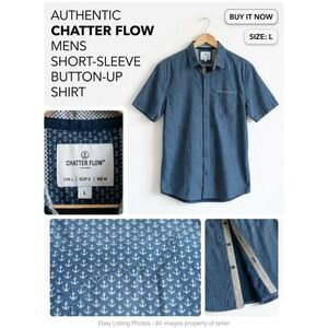 Craft + Flow Mens Large Navy Blue Anchor Print Short Sleeve Button Up Shirt L‎